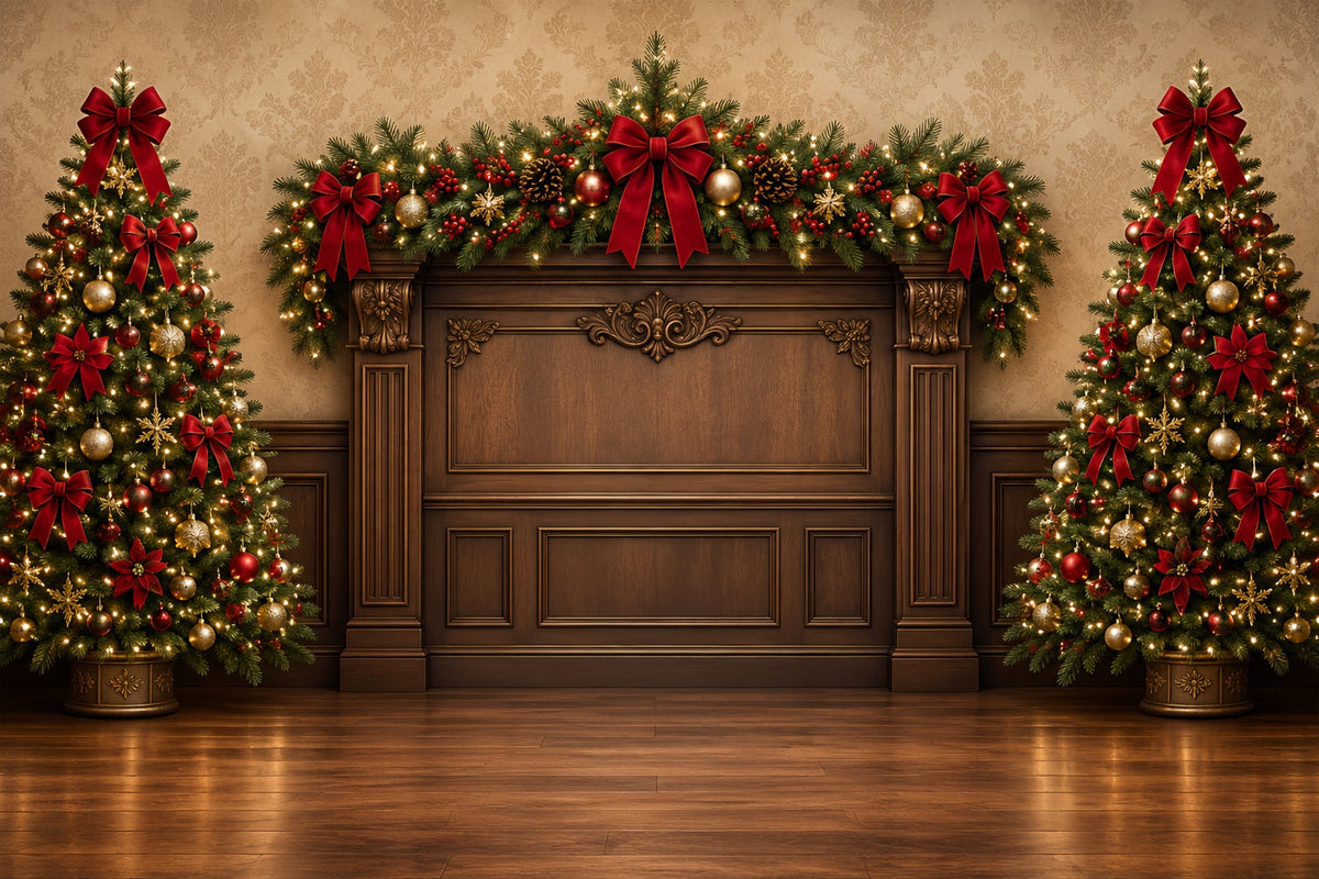 Christmas Backdrops For Photography Red Bow Evergreen Mantel High Resolution Christmas Backdrop UK ZTT69-55