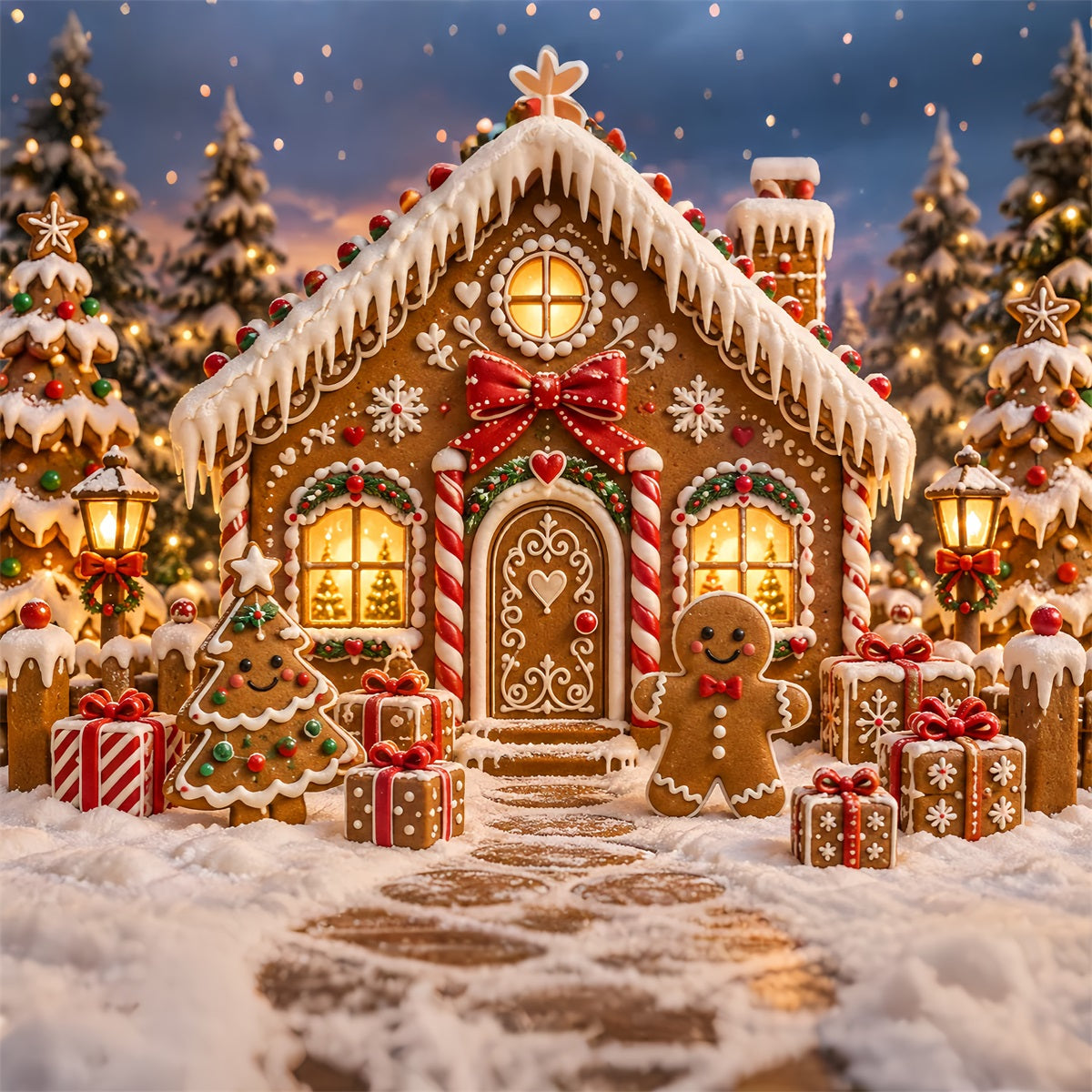 Gingerbread House Backdrop Candy Cottage Snowy Trees Candy Cane Backdrop UK ZTT69-57