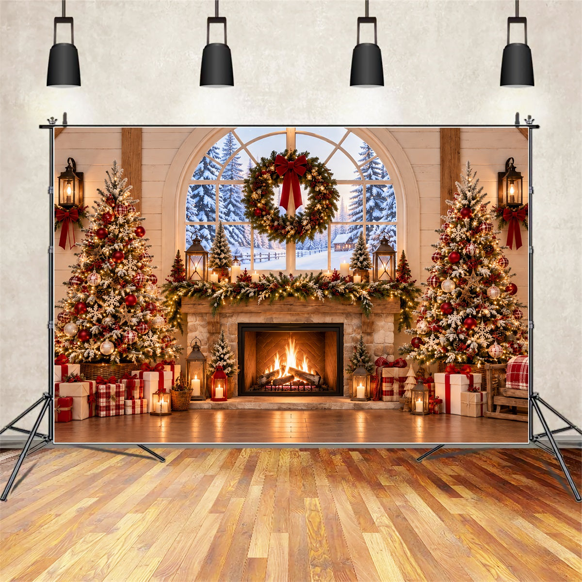 Christmas Backdrops 10x10 Rustic Fireplace Wreath Interior Santa Workshop Backdrop UK ZTT69-60
