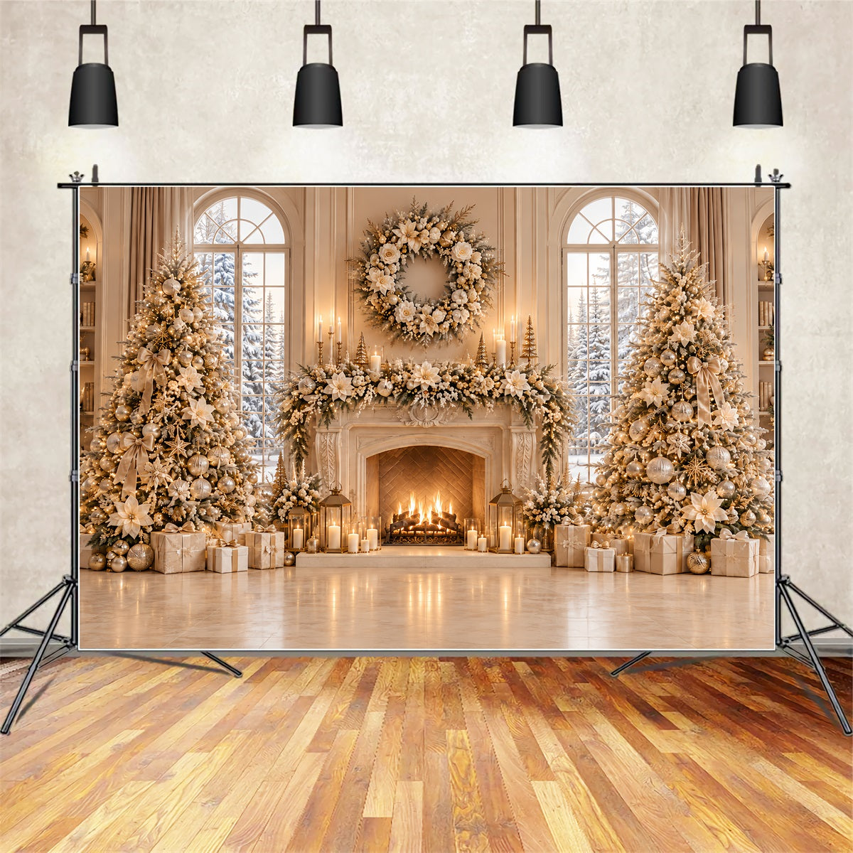 Christmas Picture Backdrop Ivory Floral Fireplace Display Elegant Christmas Backdrop UK ZTT69-68