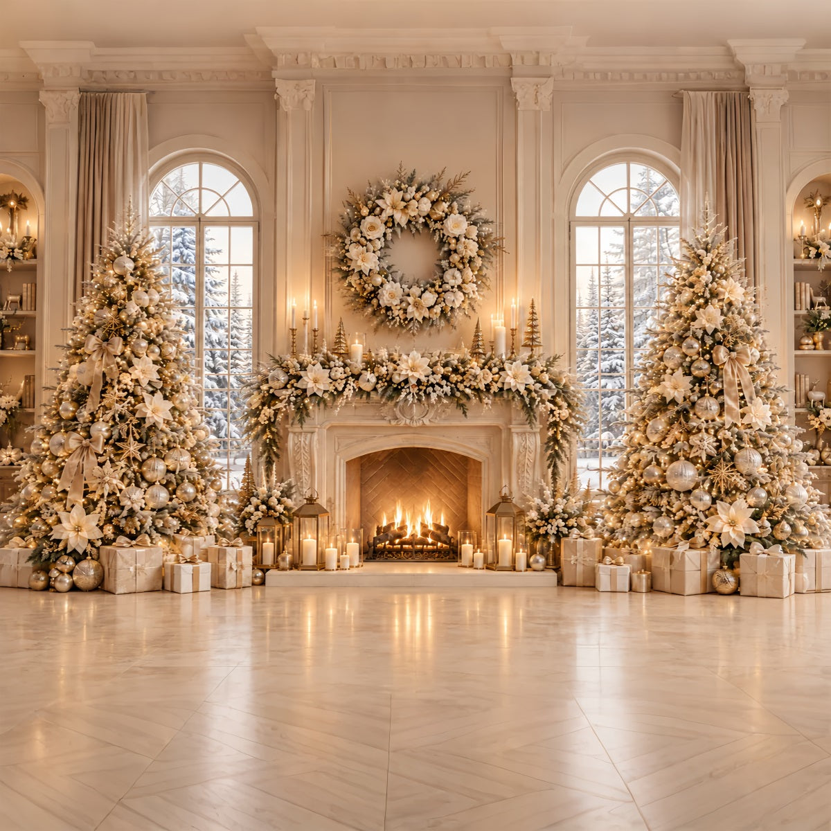 Christmas Picture Backdrop Ivory Floral Fireplace Display Elegant Christmas Backdrop UK ZTT69-68