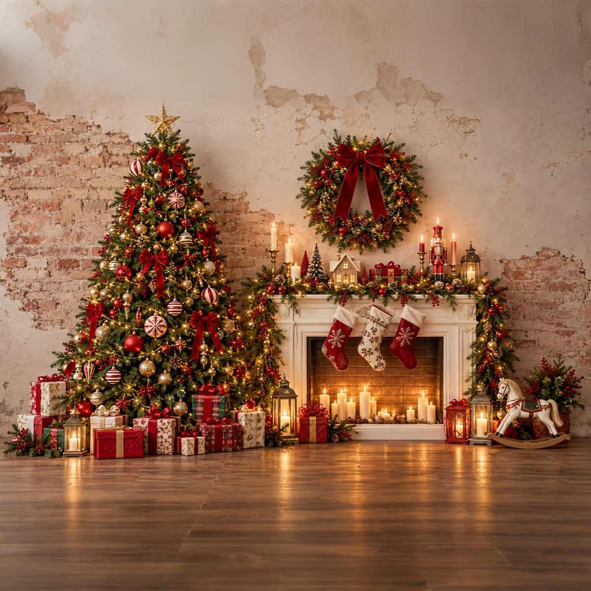 Christmas Photo Booth Backdrop Rustic Fireplace Gift Display Elegant Christmas Backdrop UK ZTT69-69