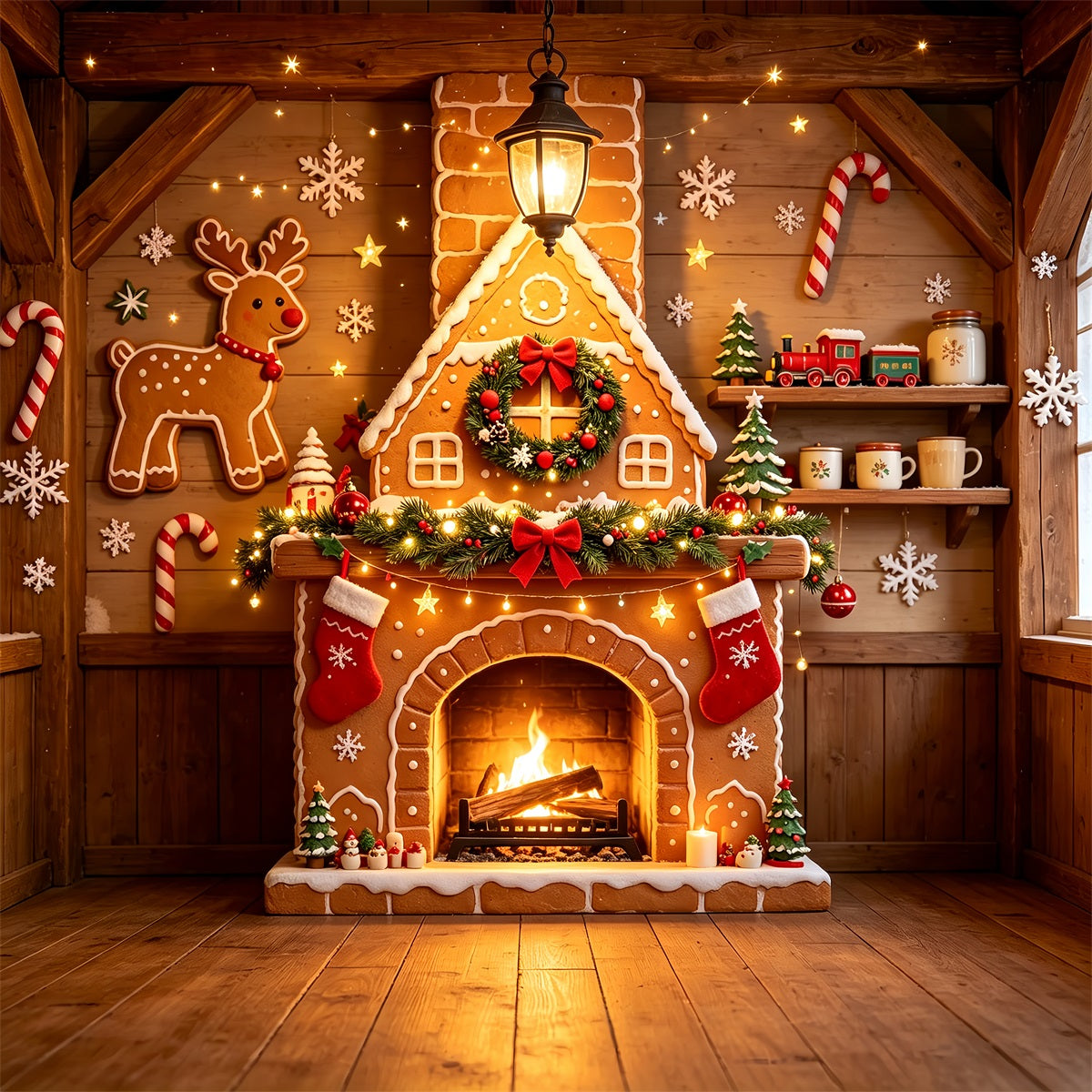 Gingerbread Christmas Backdrop Wooden Cabin Fireplace Cottage Wall Backdrop ChristmasUK ZTT69-7