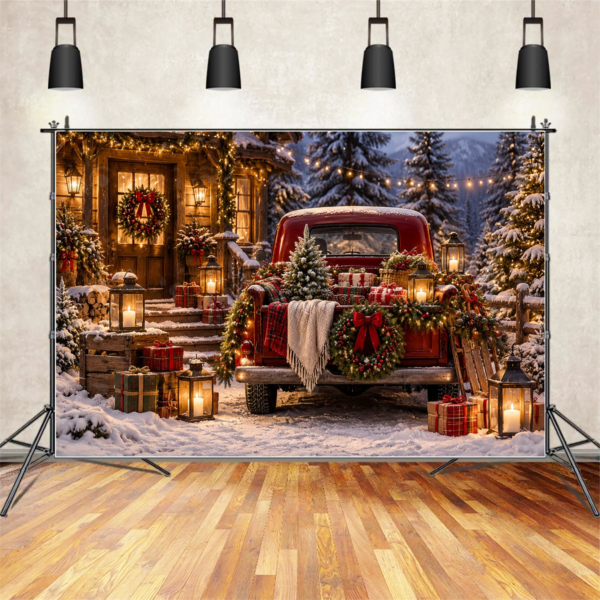 Vintage Christmas Backdrop Rustic Pickup Gift Display Red Christmas Backdrop UK ZTT69-78