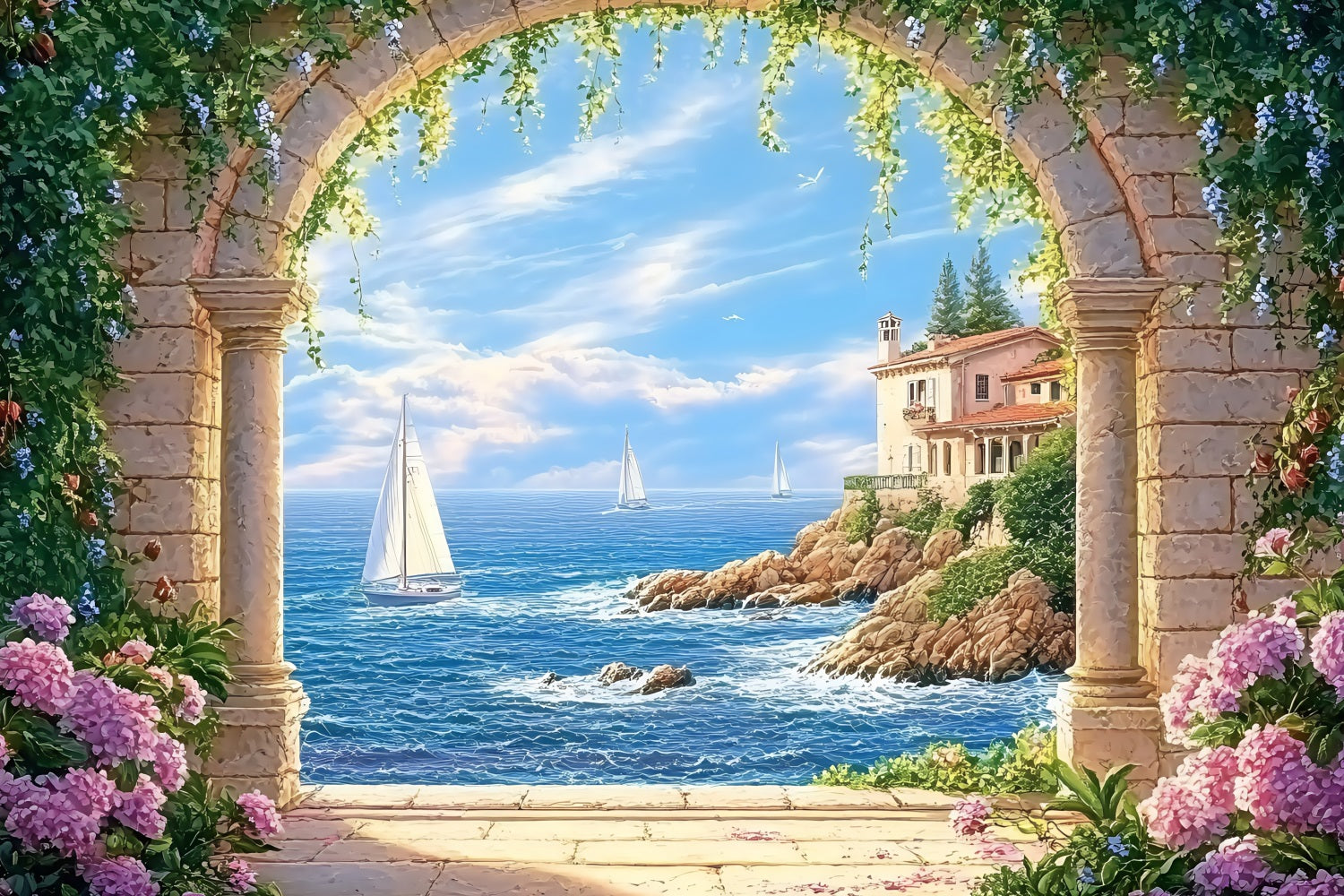Beach Backdrops Stone Arch Sea Summer Backdrop UK ZXY3-11