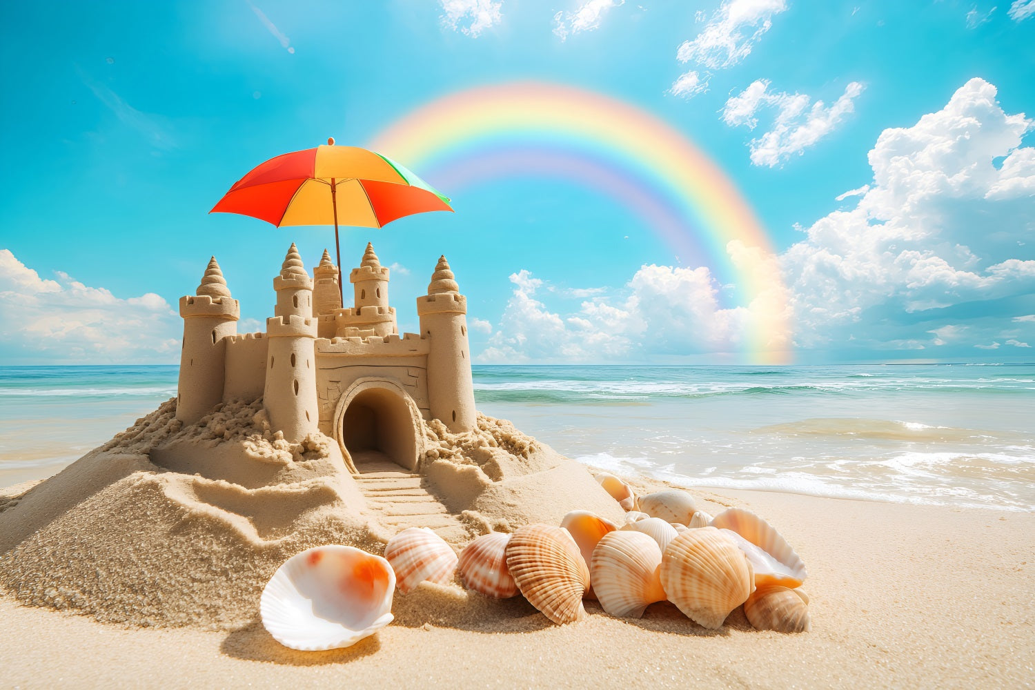Summer Backdrops Rainbow Sandcastle Seashell Beach Backdrop UK ZXY3-13