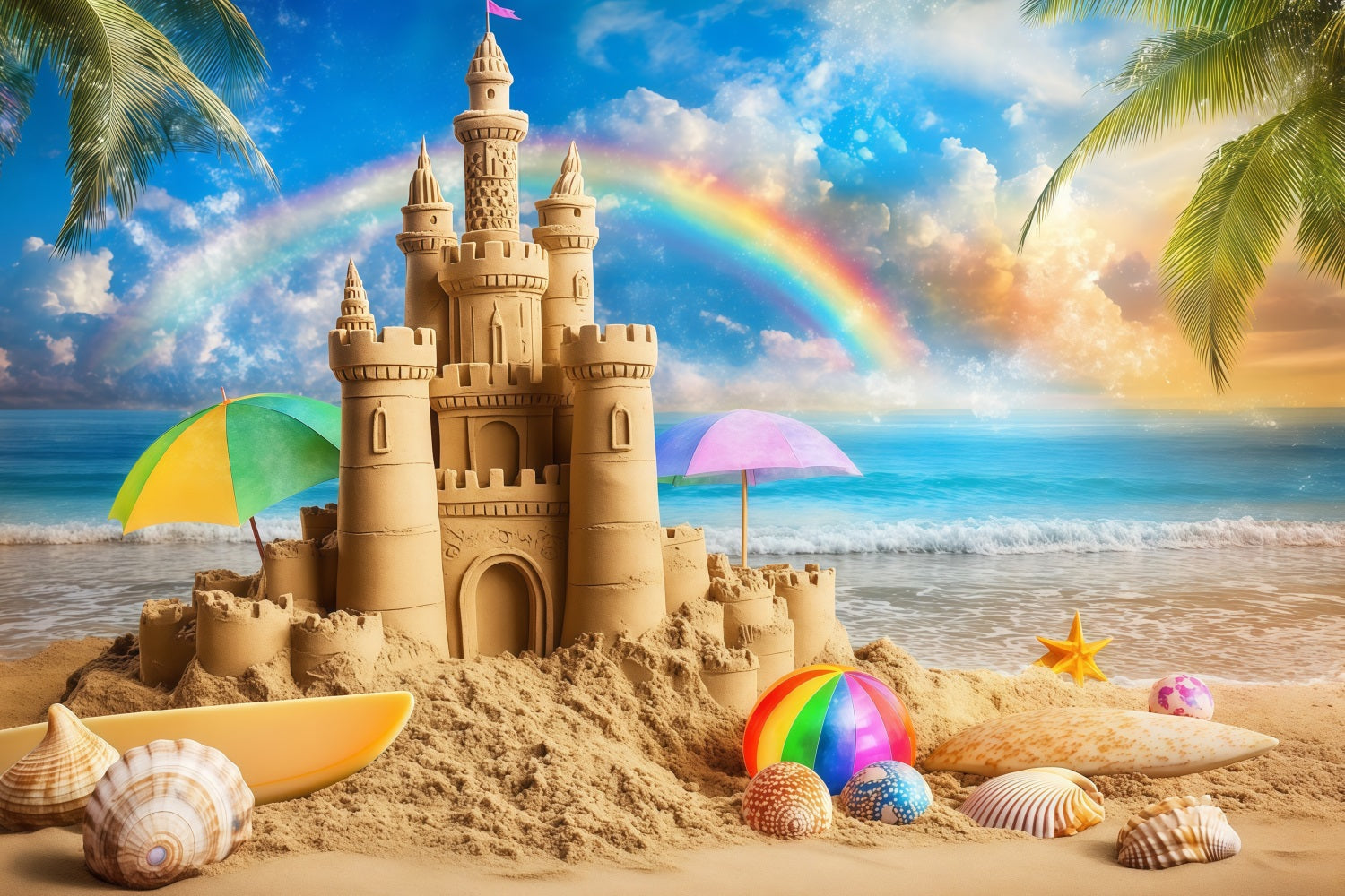 Tropical Beach Backdrop Tropical Castle Rainbow Summer Backdrop UK ZXY3-14