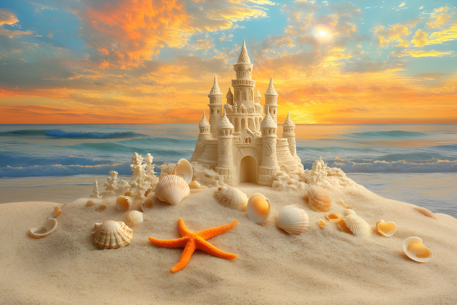 Beach Sand Backdrop Sunset Sandcastle Starfish Summer Backdrop UK ZXY3-15
