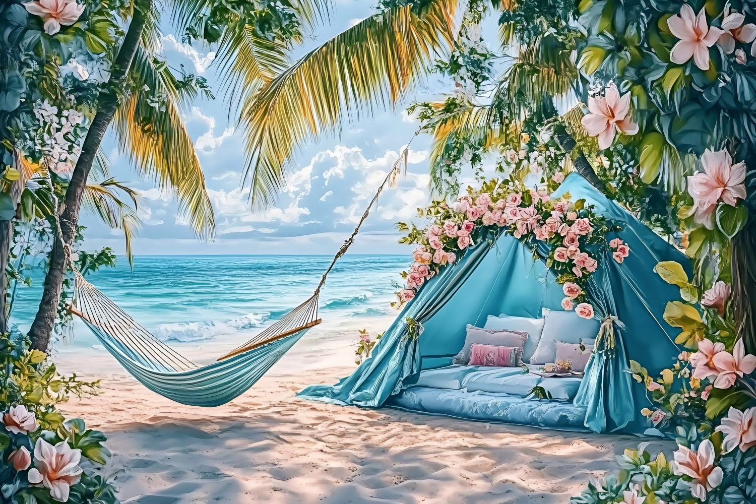 Summer Photo Backdrop Tent Palm Hammock Beach Backdrop UK ZXY3-19