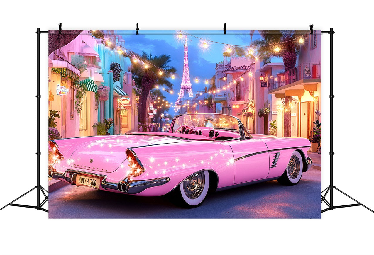Summer Backdrop Pink Car Eiffel Lights Backdrop UK ZXY3-20