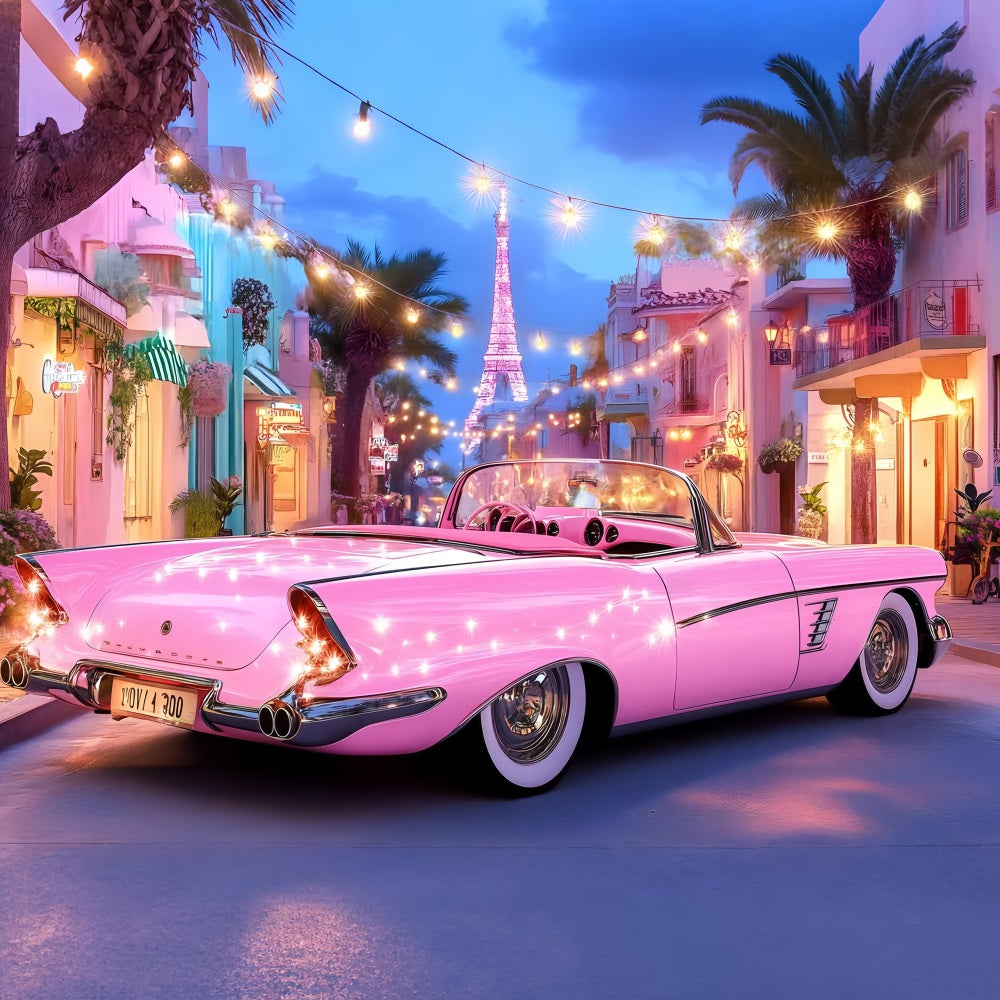 Summer Backdrop Pink Car Eiffel Lights Backdrop UK ZXY3-20