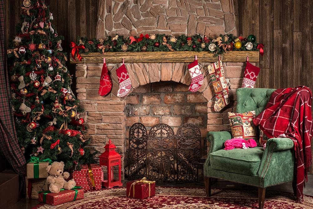 Christmas Fireplace Parlor Decorations Backdrop for Photography