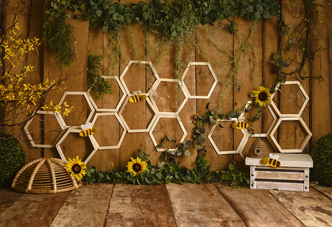 Sunflower Bee Wood Wall Photography Backdrop UK D1064