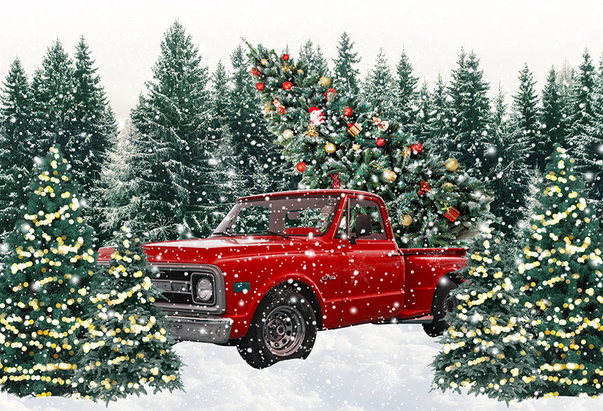 Red Truck Christmas Trees Backdrop for Photography