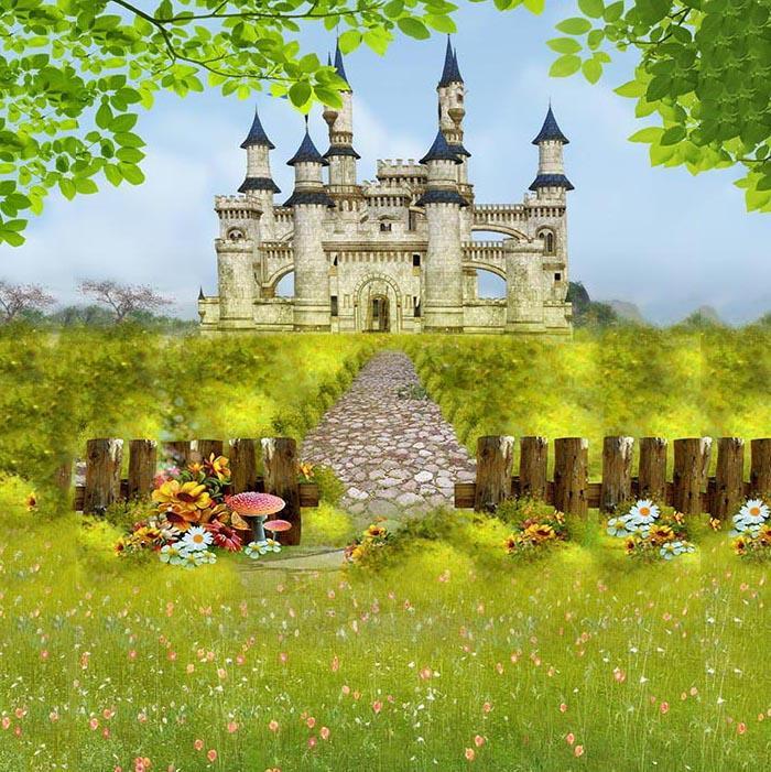 Castle Backdrops Green Grass Spring Flower Photo Backdrop G-549