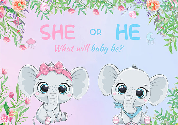 Elephant Flowers Custom Gender Reveal Backdrop TKH1530