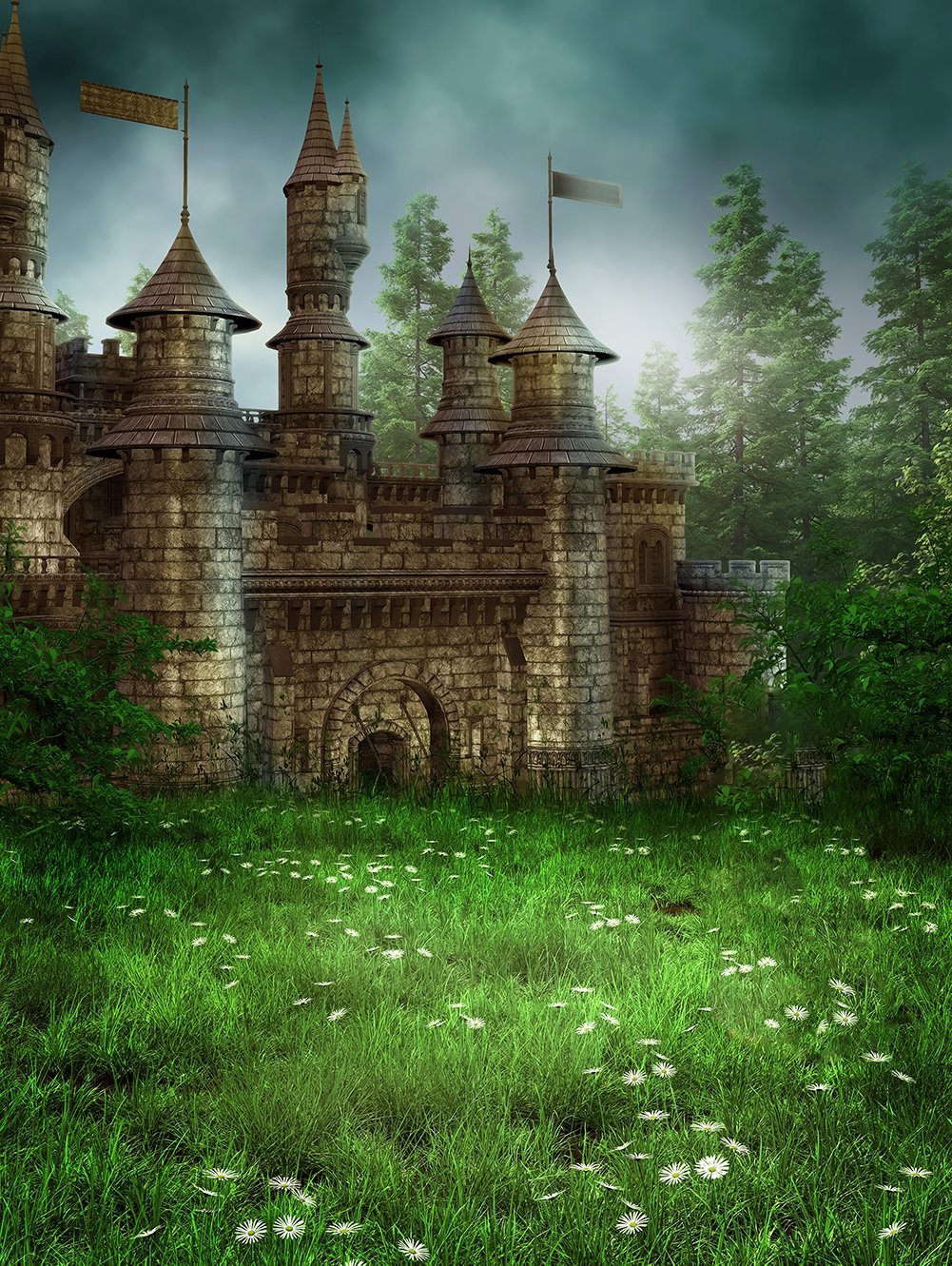 Concealed Old Castle Green Grass Photography Backdrop DBD-P19073