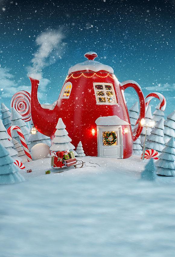 Christmas Night Tea House Snow Photo Shoot backdrop UK LV-983