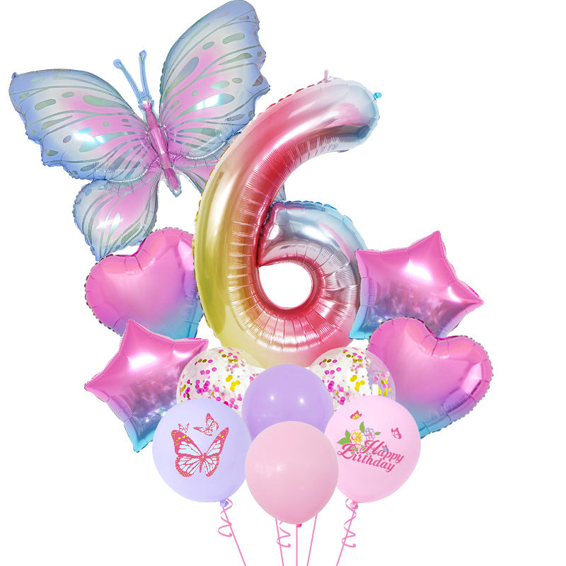 Ice Blue Gradient Butterfly Number Balloon Set Dream Birthday Party Scene Decoration BA45