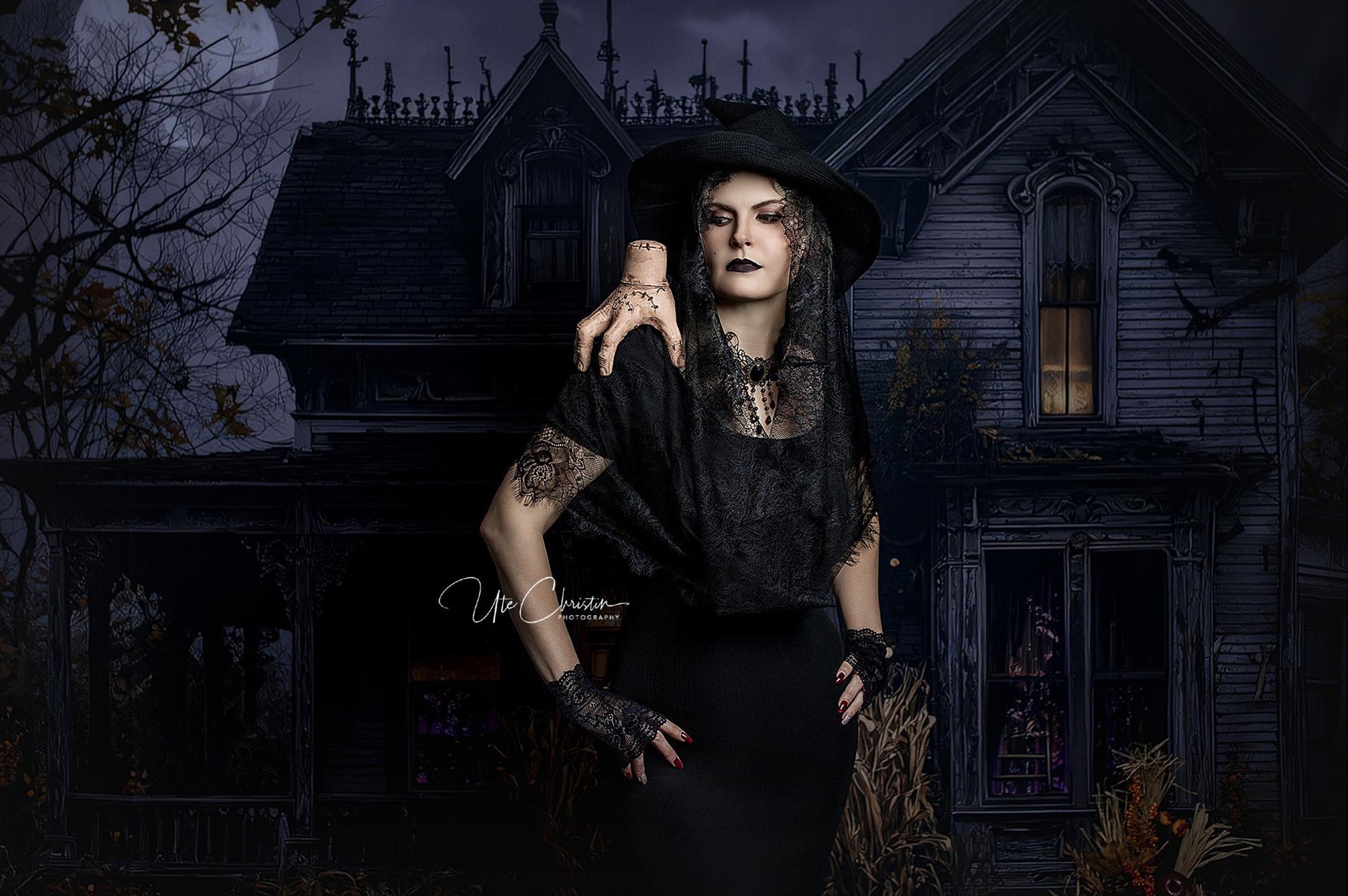 Halloween Backdrop Haunted House Full Moon Night Spooky Halloween Backdrop UK MRR9-38