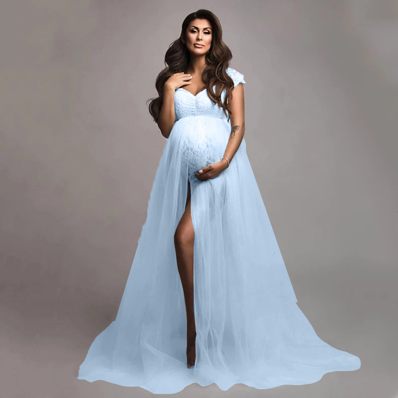 Short Sleeve Lace Mesh Maternity Photography Dress RB9