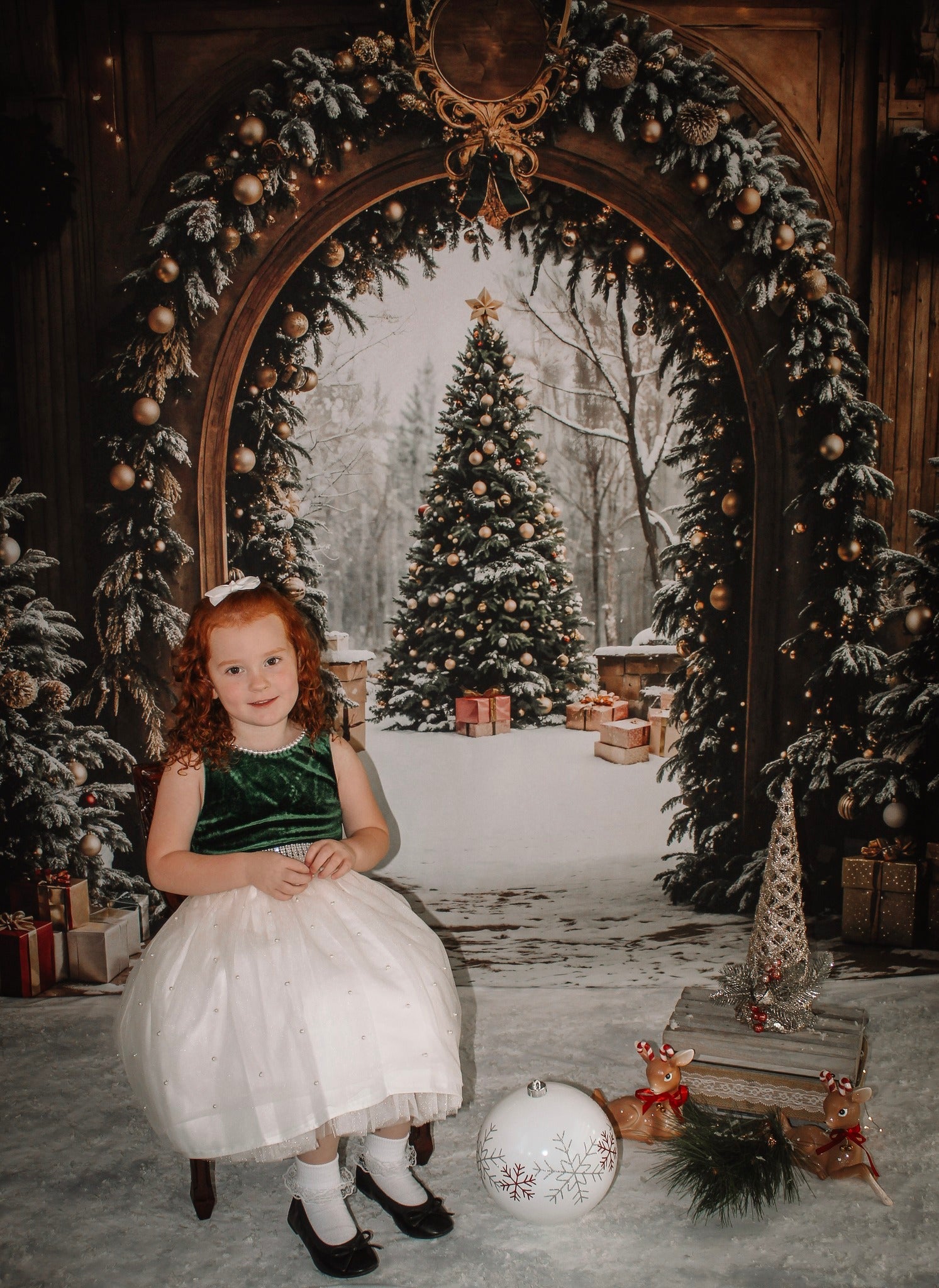 Christmas Tree Backdrop Snowy Forest Arch Door Christmas Photo Backdrop UK MRR9-77