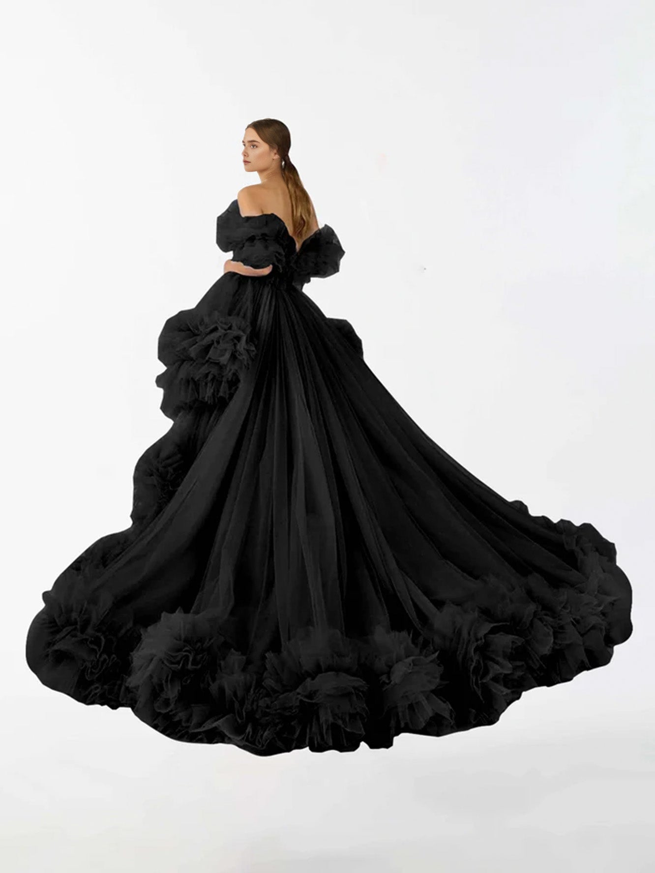 Tulle Irregular Ruffled High Low Sweep Brush Train Maternity Dress RB6