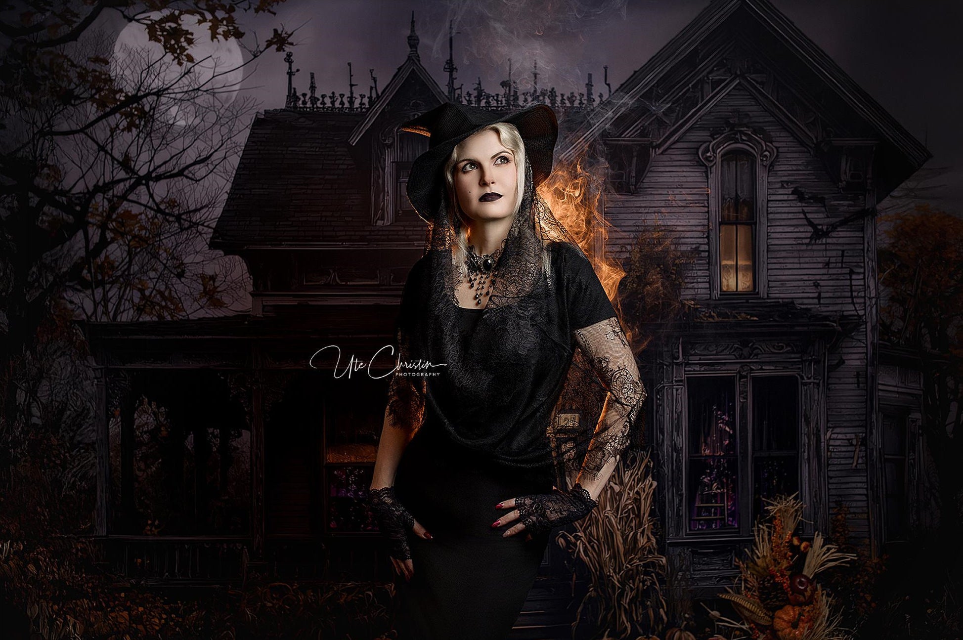 Halloween Backdrop Haunted House Full Moon Night Spooky Halloween Backdrop UK MRR9-38
