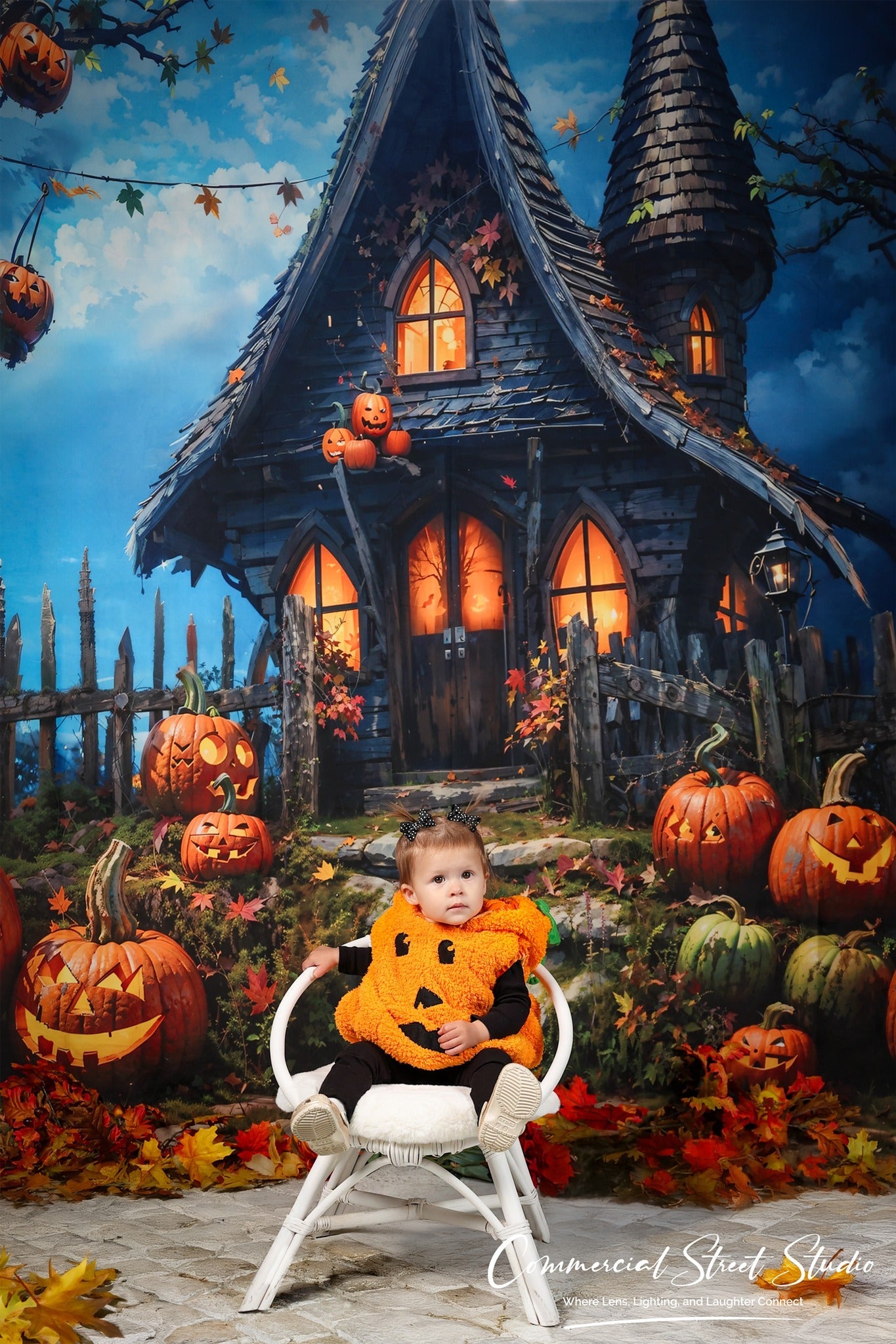 Halloween Backdrop Haunted Pumpkin Cottage Night Halloween Photo Backdrop UK MRR9-68