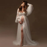 Long Sleeve Beaded Lace Trimmed Tulle Maternity Photography Dress RB10
