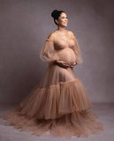 Mesh Lantern Sleeve Ruffle Small Tail A-Line Maternity Photography Dress RB16
