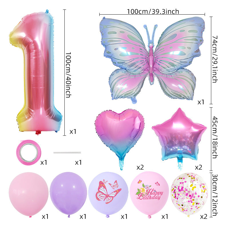 Ice Blue Gradient Butterfly Number Balloon Set Dream Birthday Party Scene Decoration BA45