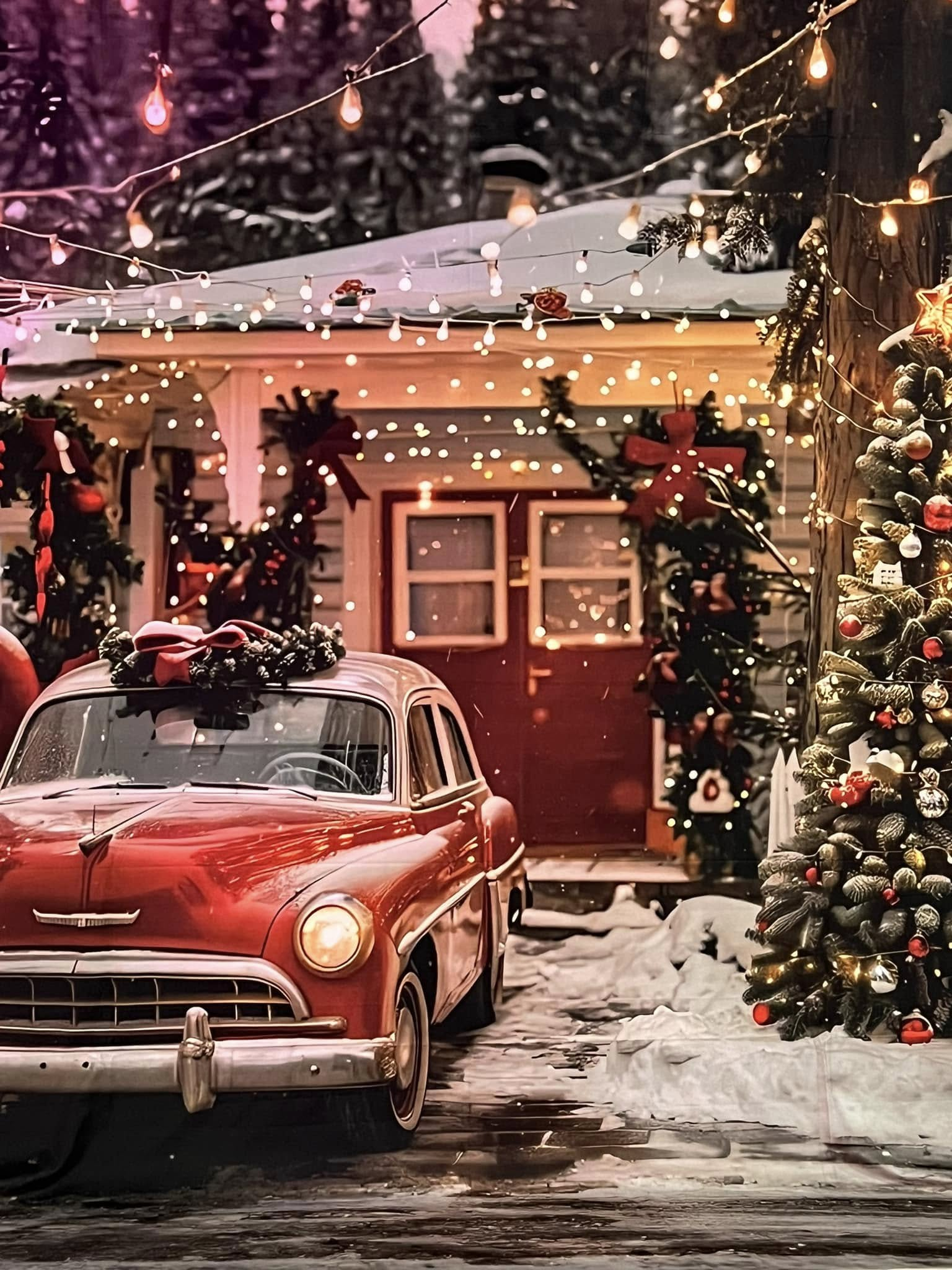 Christmas House with Red Vintage Car Backdrop UK BRP9-43