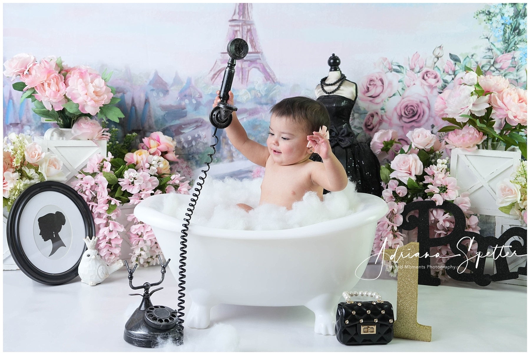 Cake Smash Backdrop Eiffel Tower Spring Floral Birthday Backdrop UK MRR10-45