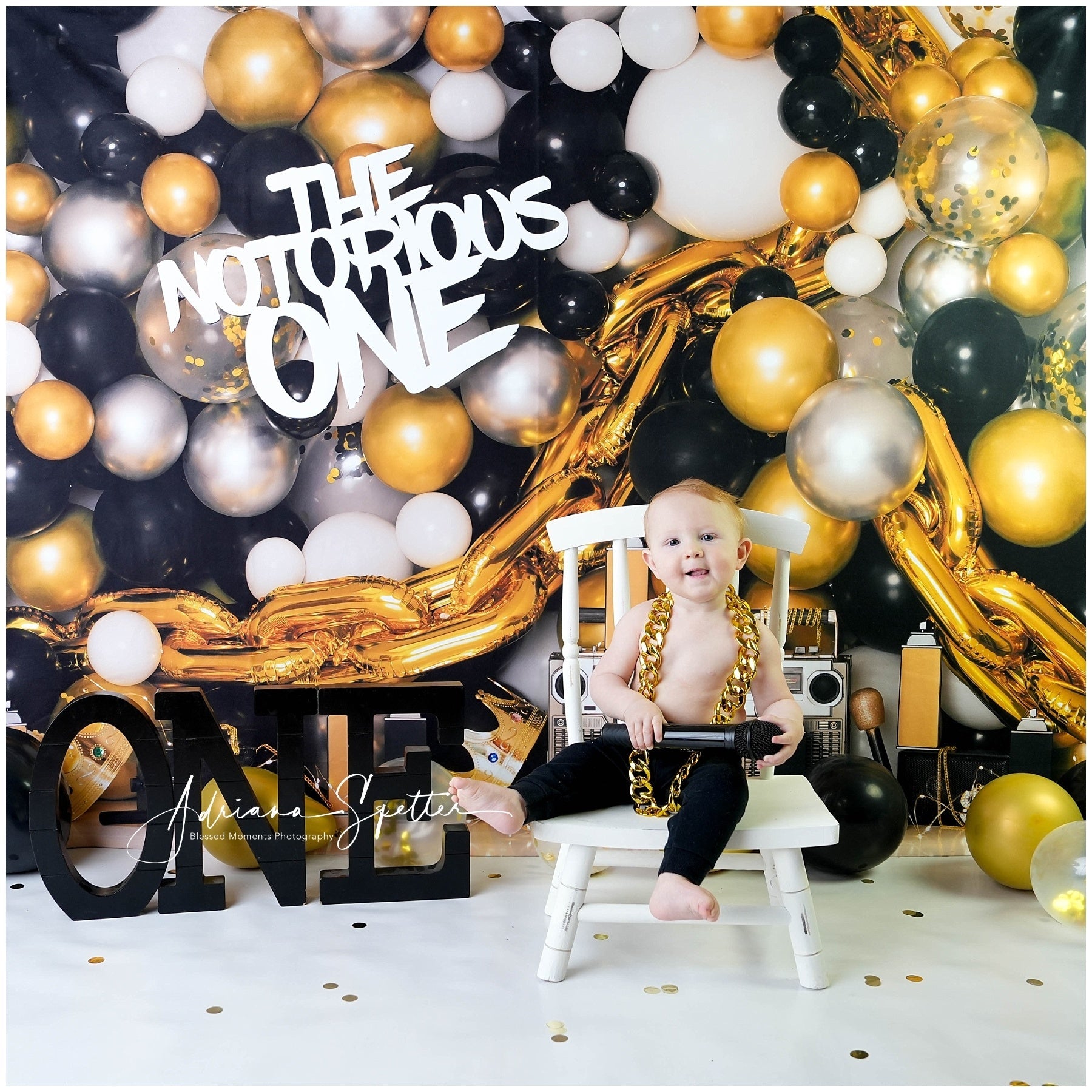 Cake Smash Backdrop Gold Black Balloons 1st Birthday Backdrop UK MRR10-43