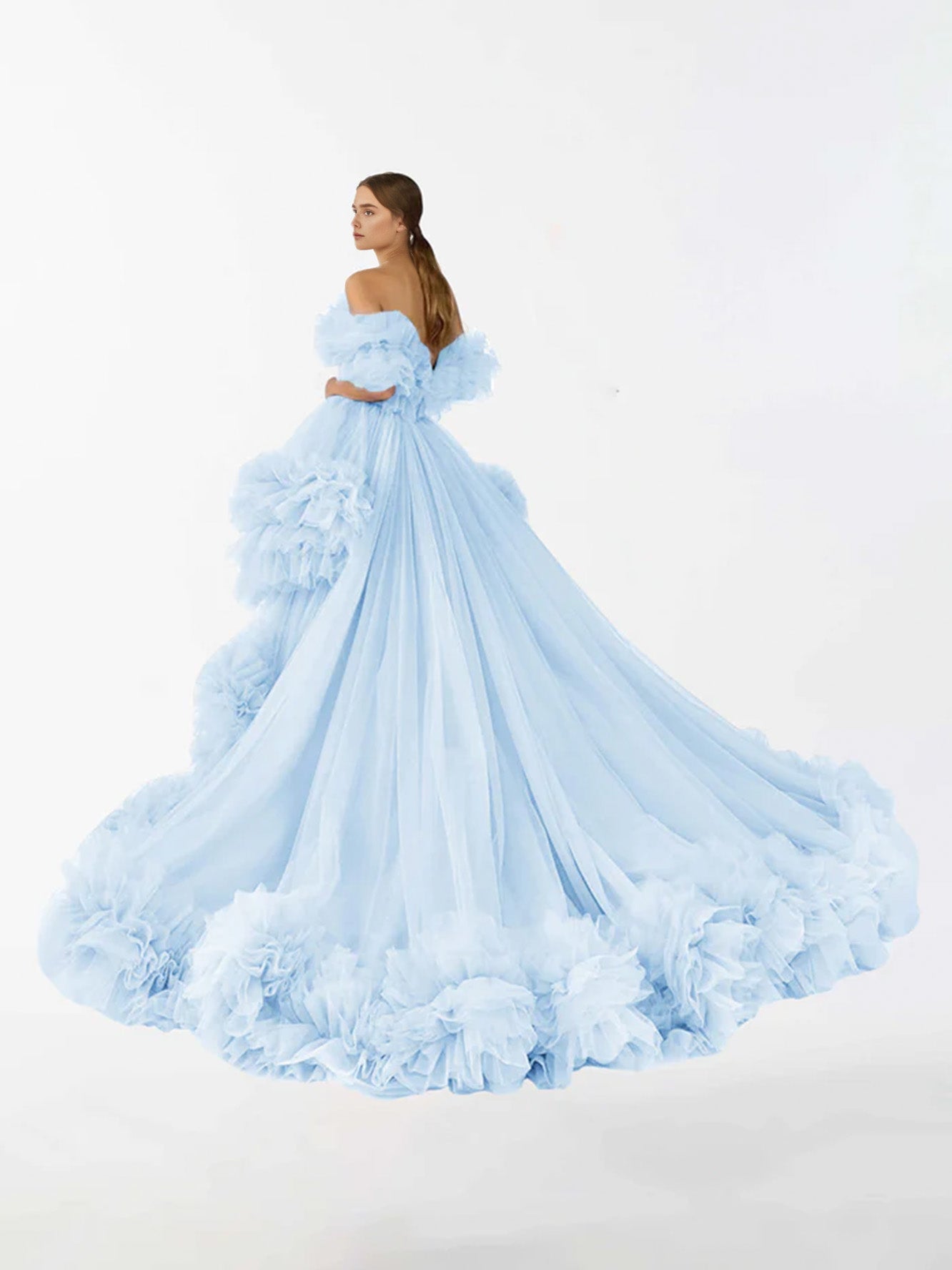 Tulle Irregular Ruffled High Low Sweep Brush Train Maternity Dress RB6