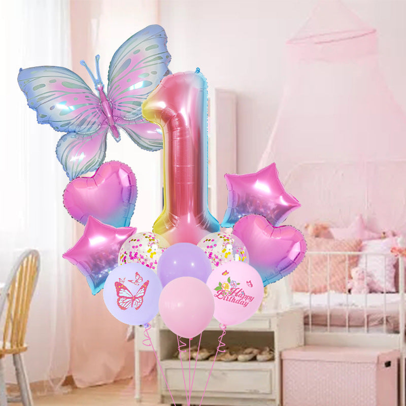 Ice Blue Gradient Butterfly Number Balloon Set Dream Birthday Party Scene Decoration BA45