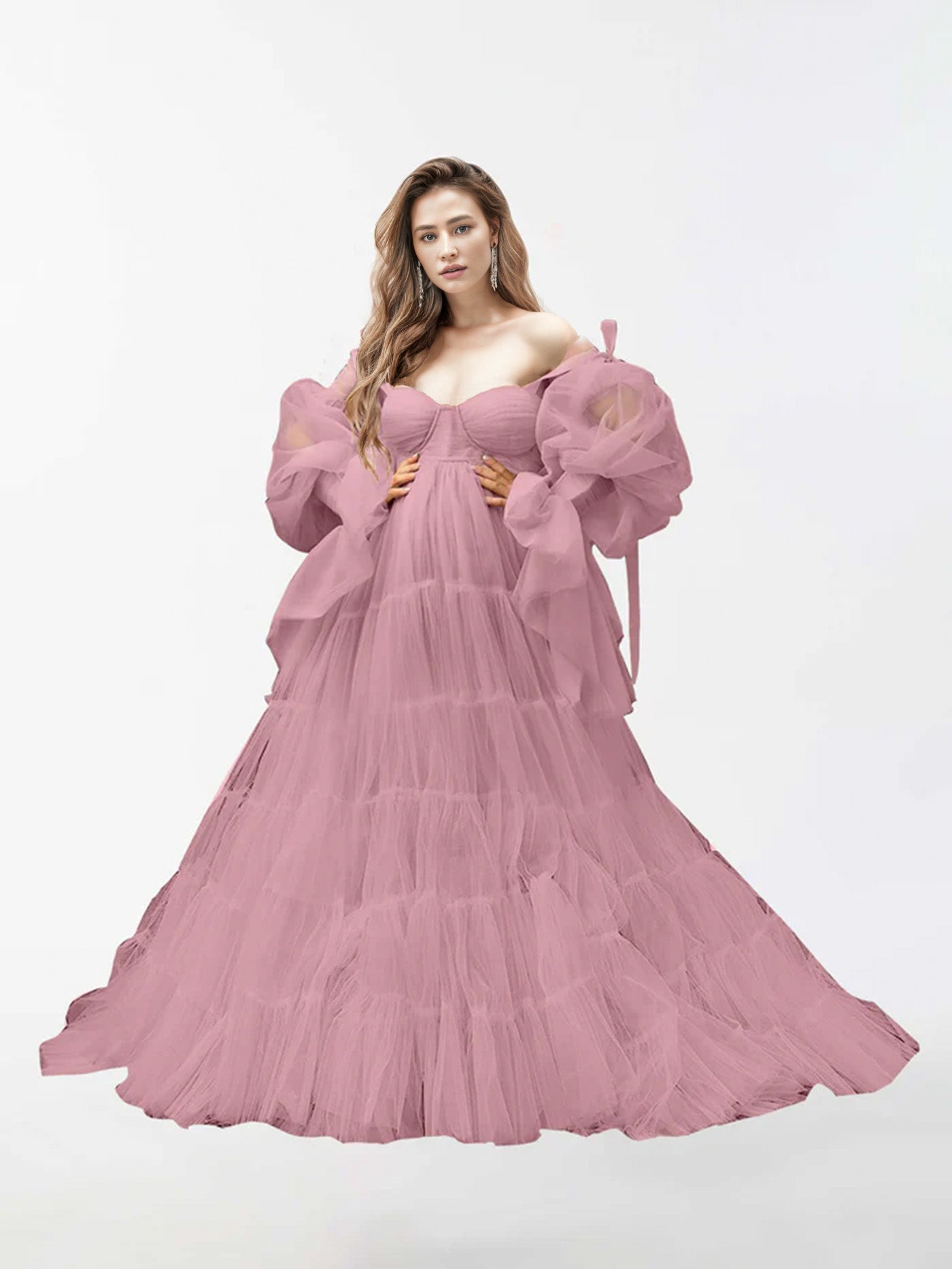 A-Line Tulle Robe Sheer Long Sleeves Maternity Dress for Photography RB2