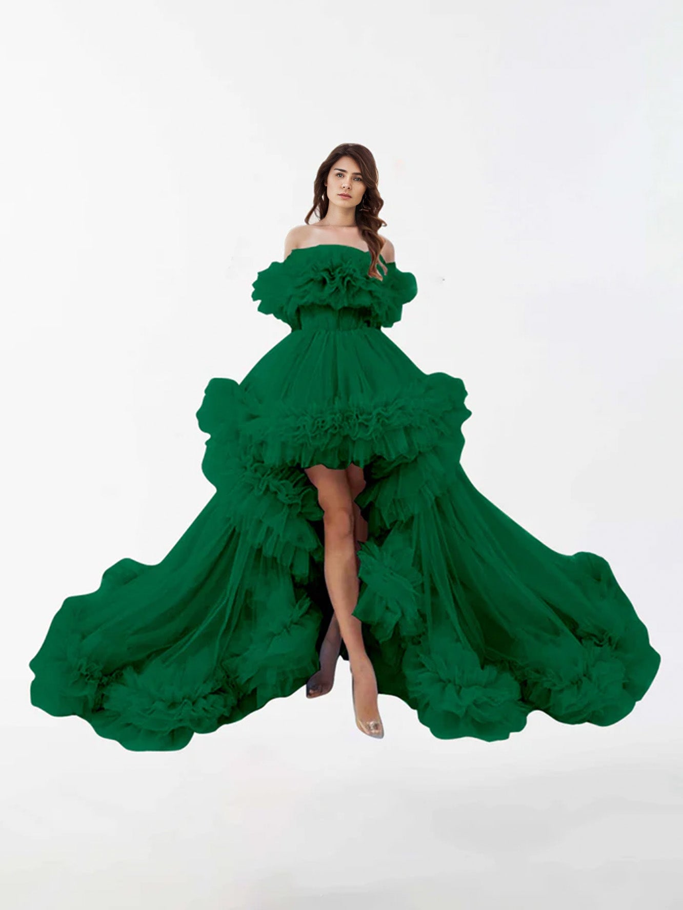 Tulle Irregular Ruffled High Low Sweep Brush Train Maternity Dress RB6