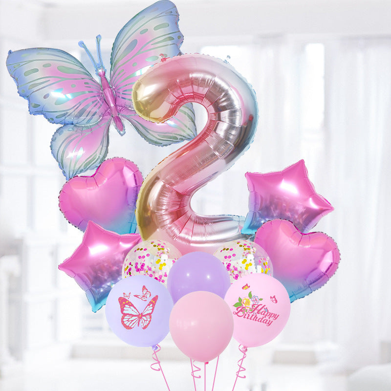 Ice Blue Gradient Butterfly Number Balloon Set Dream Birthday Party Scene Decoration BA45