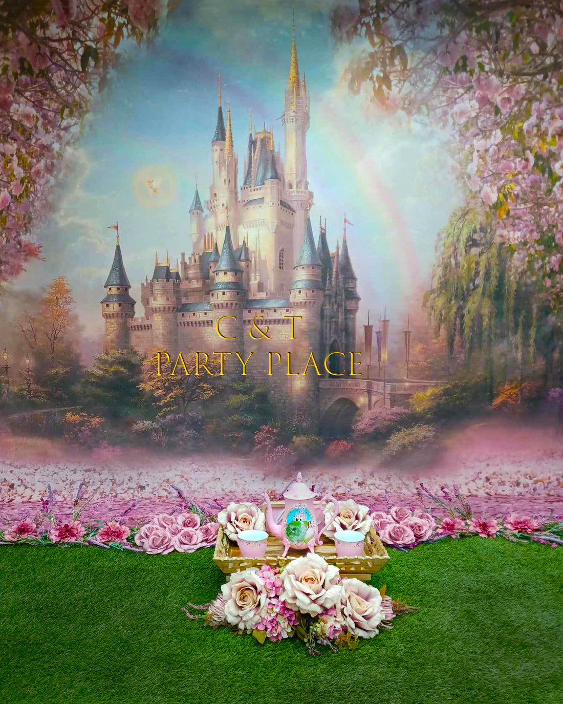 Medieval Castle Pink Rose Square Backdrop For Photo