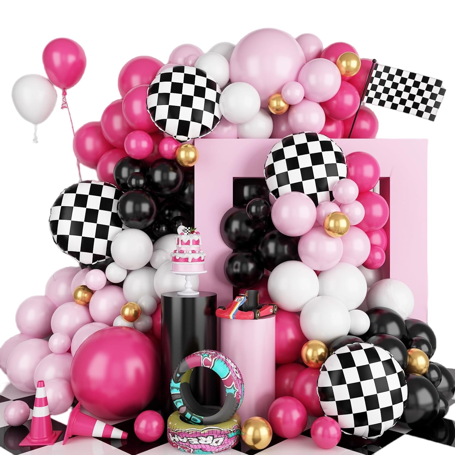 Peach Balloon Arch Black and White Checkered Racing Car Theme Party Decoration BA46