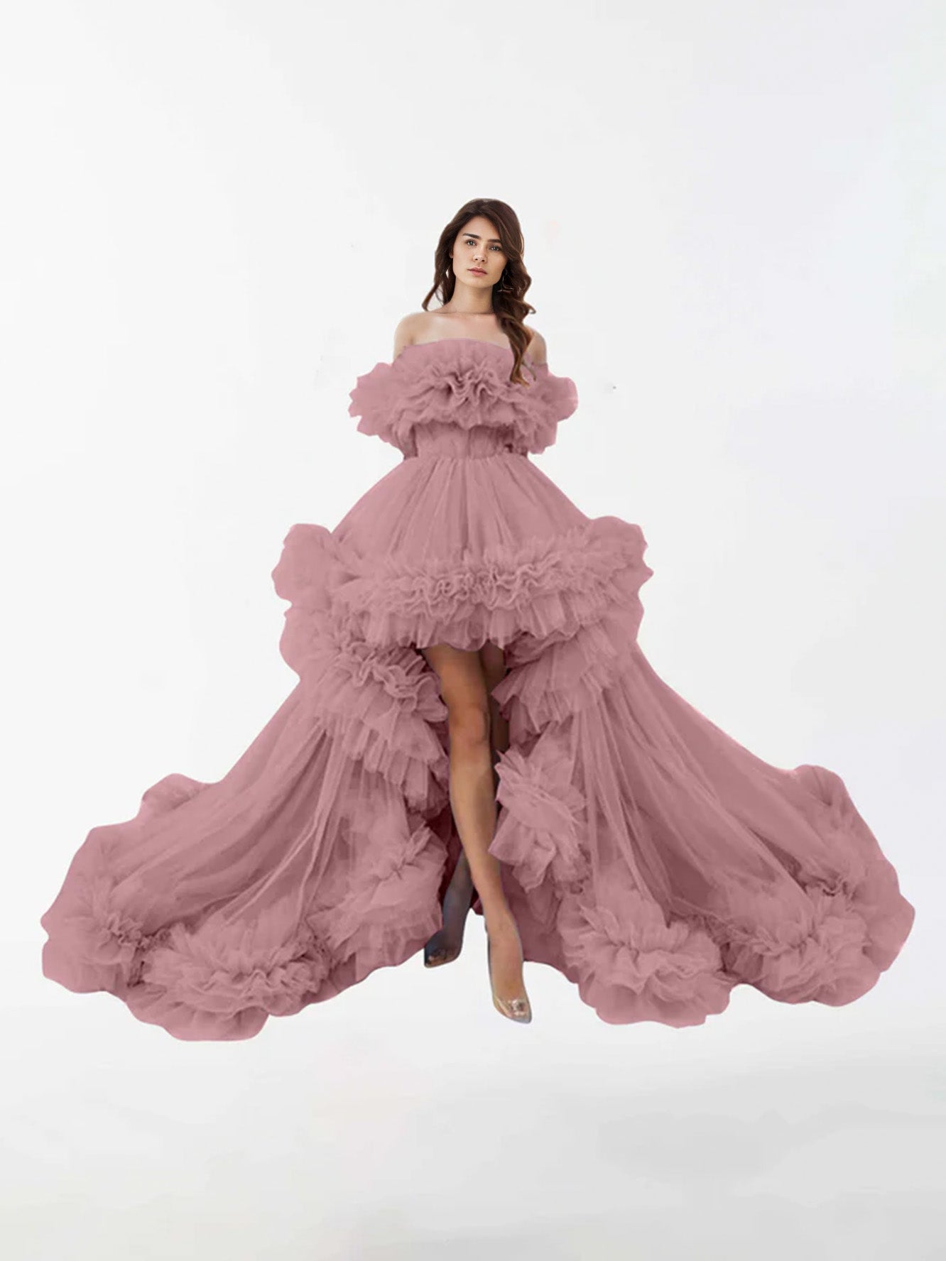 Tulle Irregular Ruffled High Low Sweep Brush Train Maternity Dress RB6