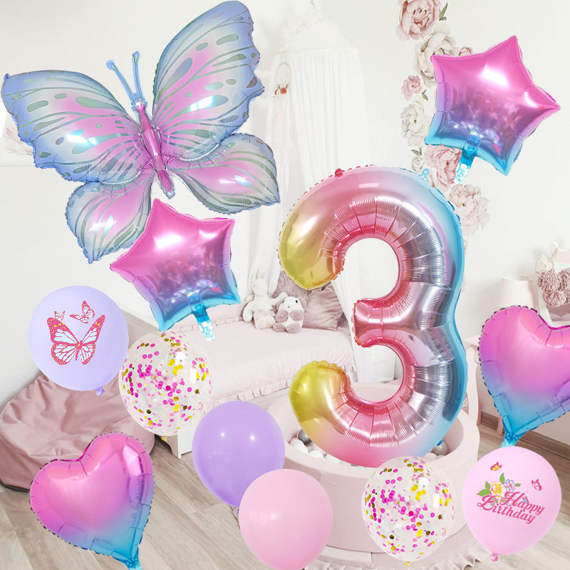 Ice Blue Gradient Butterfly Number Balloon Set Dream Birthday Party Scene Decoration BA45