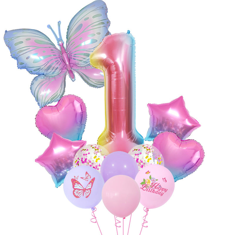 Ice Blue Gradient Butterfly Number Balloon Set Dream Birthday Party Scene Decoration BA45