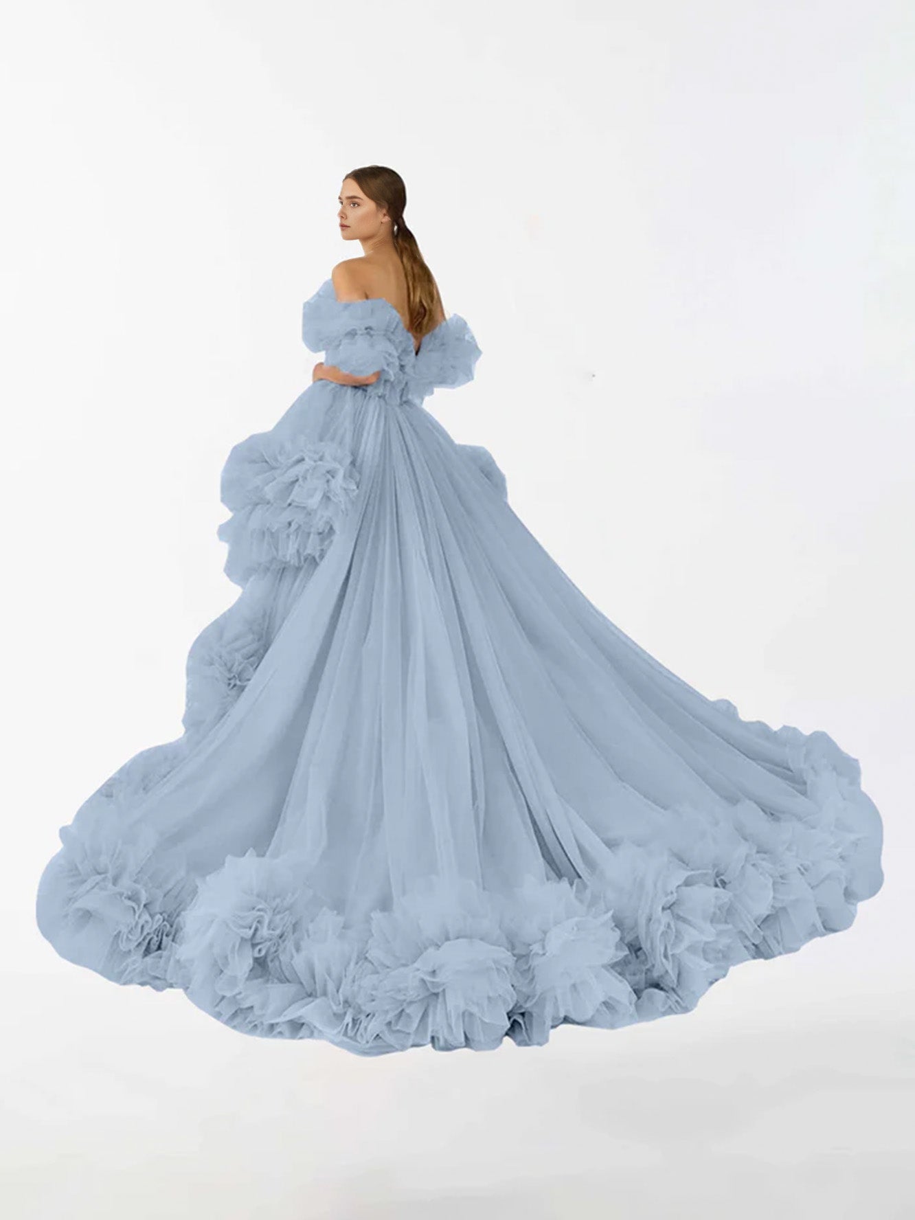 Tulle Irregular Ruffled High Low Sweep Brush Train Maternity Dress RB6