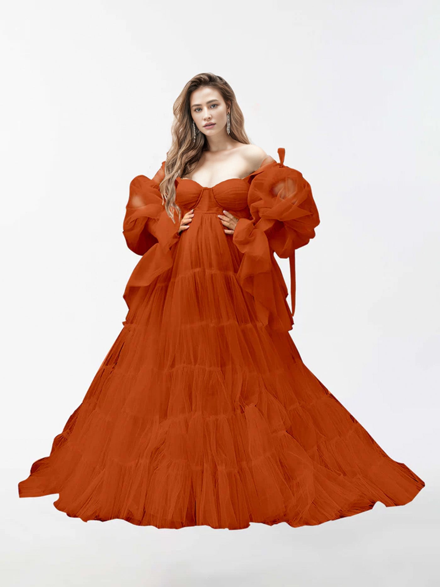 A-Line Tulle Robe Sheer Long Sleeves Maternity Dress for Photography RB2