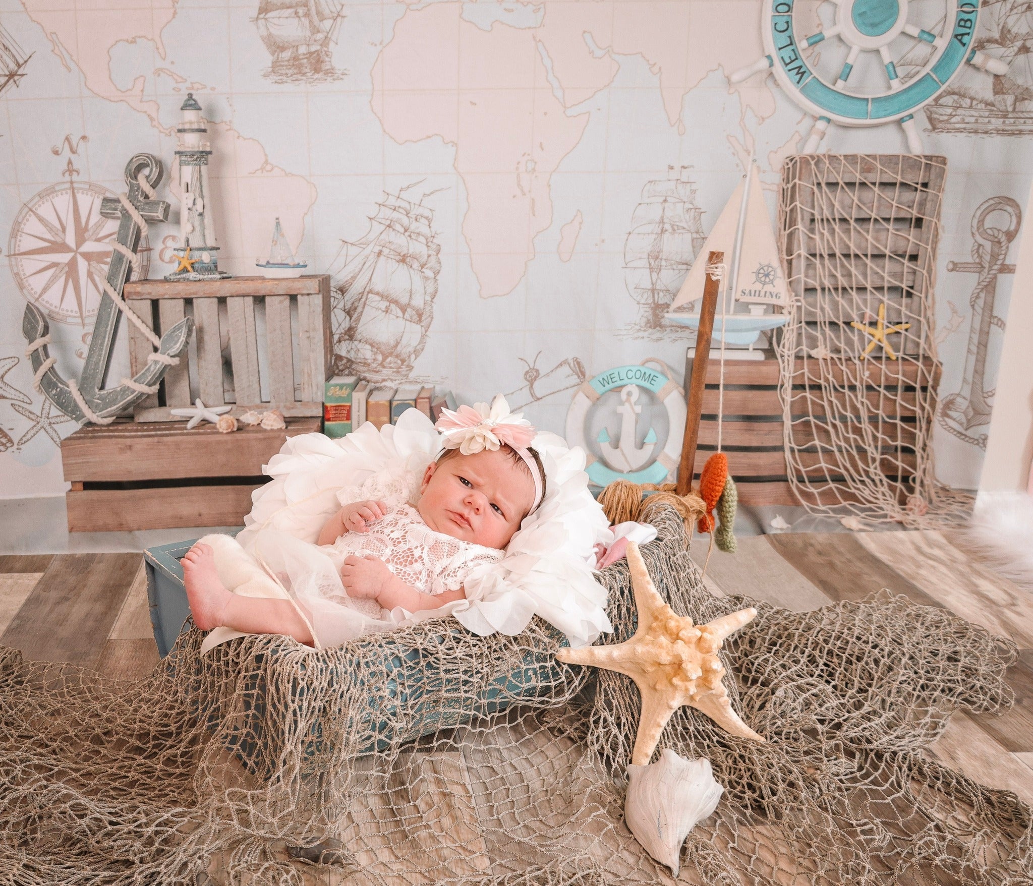 Newborn Backdrop Nautical Map Ships Helm Decor Kids Photo Backdrop UK MRR9-82