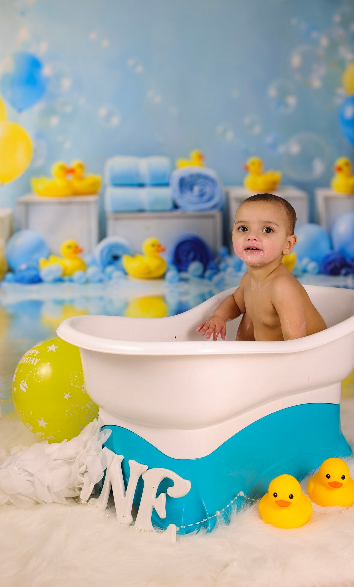 Kids Photo Backdrop Blue Balloons Rubber Duck Bubbles Newborn Backdrop UK MRR9-83