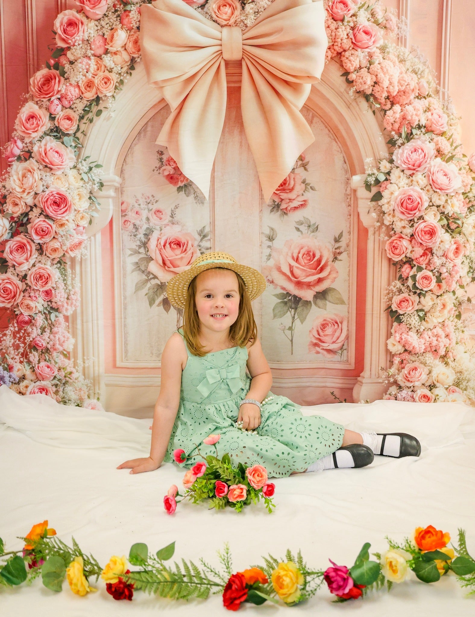 Flower Wall Backdrop Pink Roses Floral Bow Arch Vintage Wall Backdrop UK MRR9-84